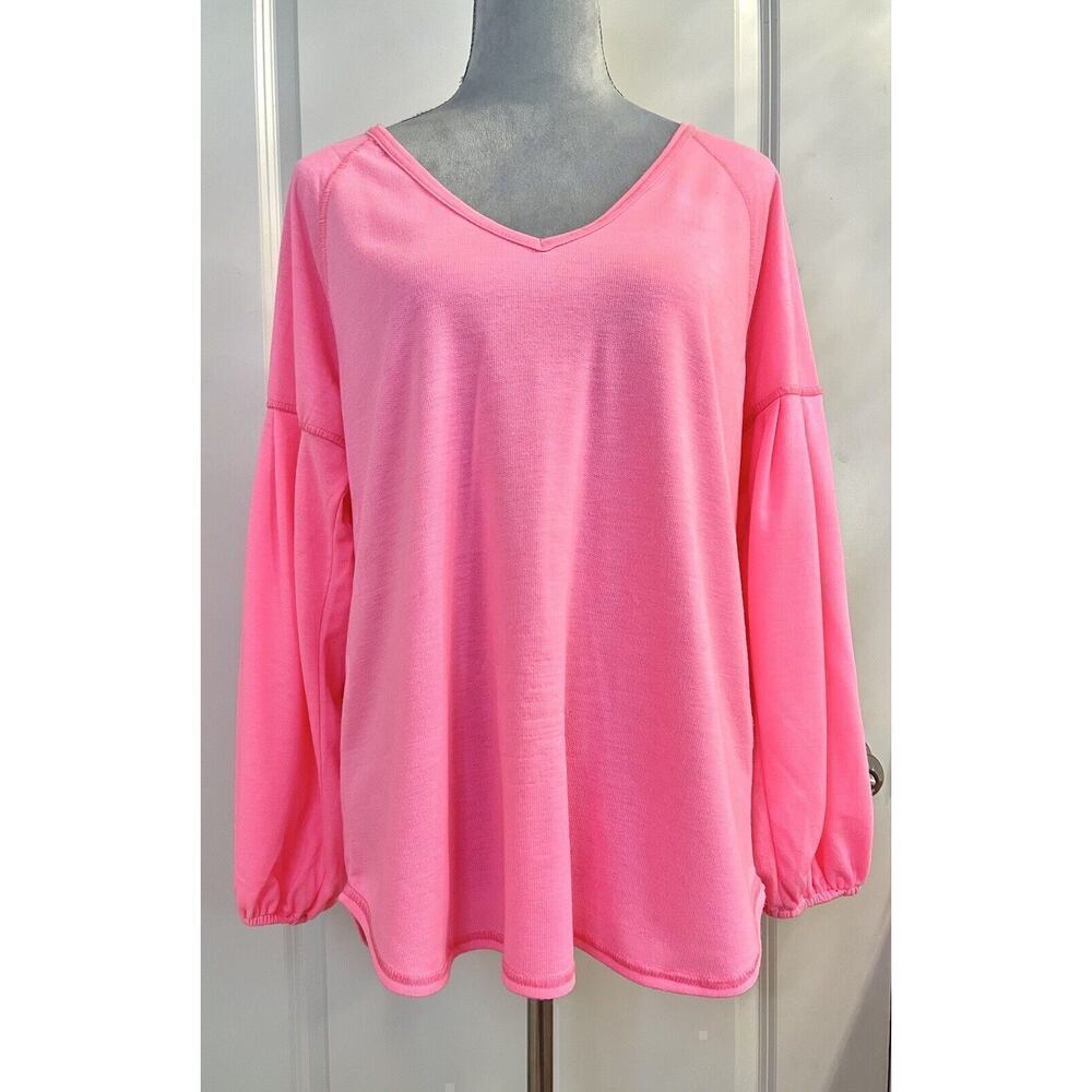 Hummingbird V Neck Neon Pink Sweatshirt Sweater Balloon Sleeve Sz S